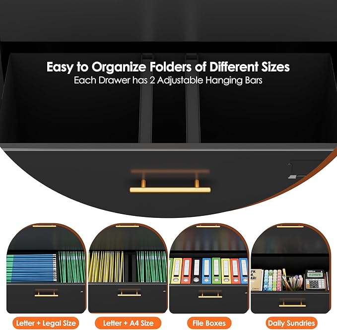 Aobabo Metal 2 Drawers Lateral File Storage Cabinet and Unit Adjustable Shelf Organizer, 2 Door Storage Office Steel Files Cabinet with Wheels, Legal/Letter A4 Size, Assembly Required, Black