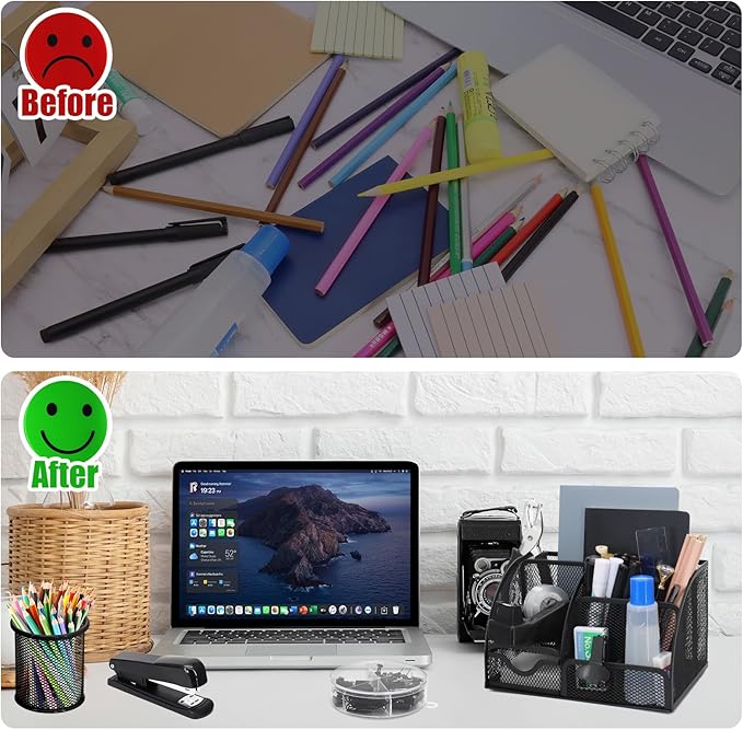 SYMDROMIA 13-in-1 Office Desk Organizer Set with Stapler and Tape Dispenser, Pen Holder, Scissors, Ruler, Hole Punch, 2 Pens & More Desktop Accessories for Back to School Supplies (Black)