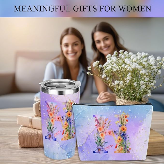 Personalized Gifts Monogrammed Birthday Gifts for Women, Bridesmaid Bachelorette Party Christmas Initial 20 oz Tumbler, Makeup Bag Cup Ballpoint Pens Journal Notebook 6 Set (Aesthetic Purple Flower H)
