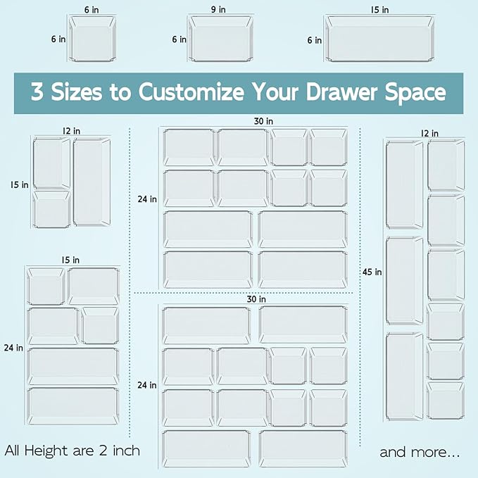 6 Pack Large Clear Plastic Drawer Organizer Trays, Desk Drawer Organizers and Storage Dividers, Non-Slip Storage Bins for Jewelry, Snacks, Office, Bathroom, Bedroom and Kitchen
