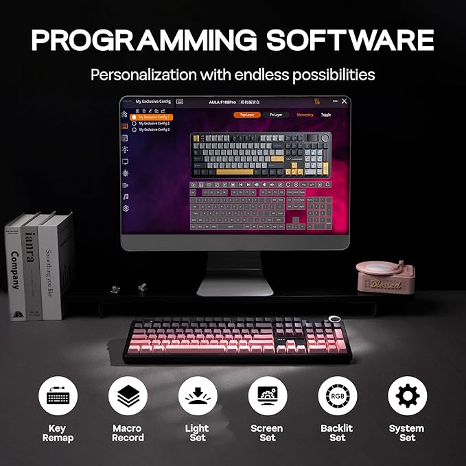 EPOMAKER X Aula F108 PRO Wireless Gaming Keyboard with Screen, 8000mAh Battery, 104 Hot-Swappable and Programmable Keys and Knob, RGB Backlight, for Mac/PC/Android (Pink Gradient)
