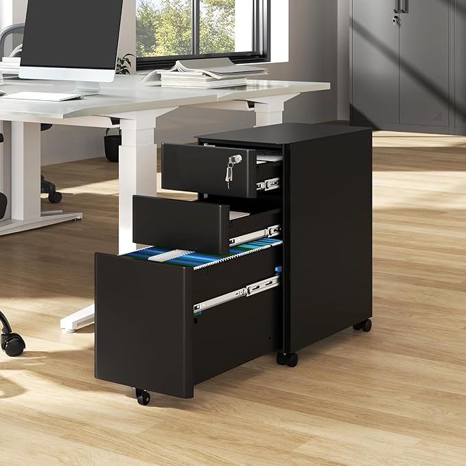 YITAHOME 3-Drawer File Cabinet, Lockable Mobile Filing Cabinet for A4/Letter/Legal Size Folder, Vertical File Cabinet for Home Office, Installed Except Casters, Black