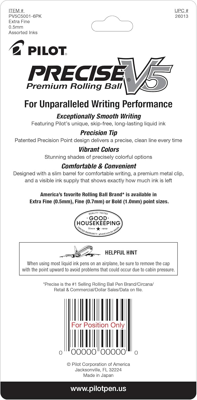 Pilot, Precise V5, Capped Liquid Ink Rolling Ball Pens, Extra Fine Point 0.5 mm, Assorted Colors, Pack of 5