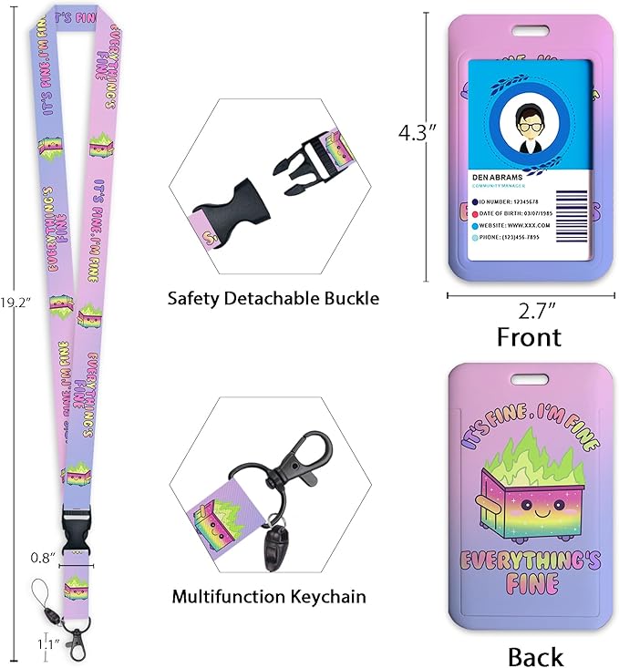 Gctriki Dumpster on Fire Purple Lanyards for ID Badges and Keys, Retractable Badge Reel Heavy Duty with Carabiner Clip, Funny I'm Fine ID Badge Holder with Lanyard, Teacher Nurse Women Office Gifts