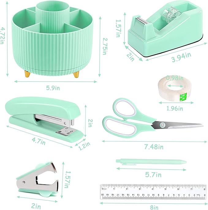 Green Office Supplies, Teal Desk Accessories 360°Pen Holder Desk Organizers and Accessories with Tape Dispenser, Stapler, Staple Remover, 1000 Staples, Tape, Clips Set, Ruler, Scissor, Pen