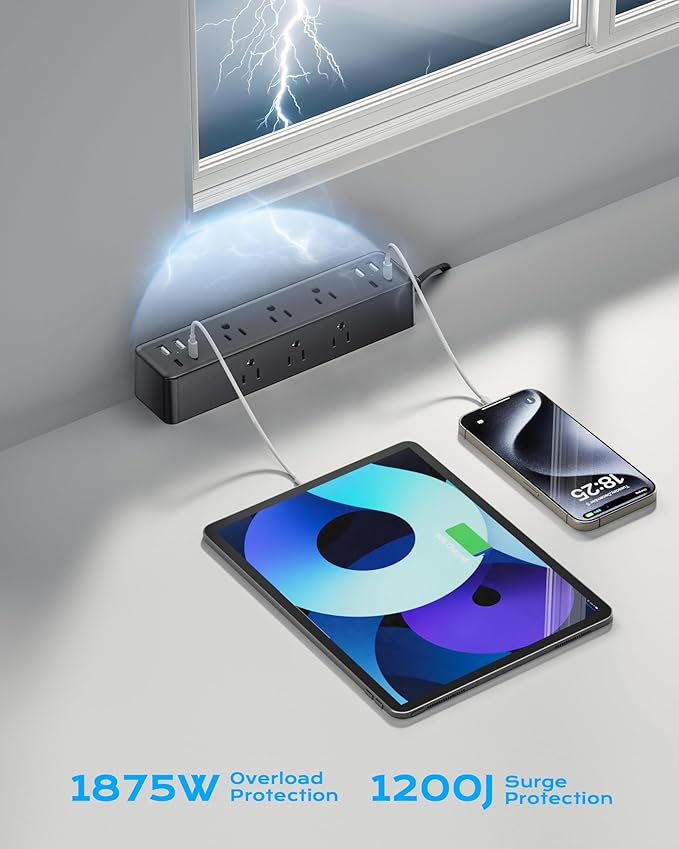 Flat Plug Desk Clamp Power Strip 15FT, 40W Total Fast Charging Station, Dual PD 20W USB C Ports, Desk Edge Mount Power Strip 9 AC Outlets 8 USB Ports(4 USB C) Surge Protector, Fit 1.7" Tabletop Edge