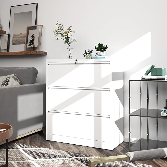 File Cabinets 3 Drawer,Metal Office Storage Filing Cabinet with Lock,White Lateral Filing Cabinet for Home Office,Horizontal Locking File Cabinets for Legal/Letter/A4,Assembly Require,White