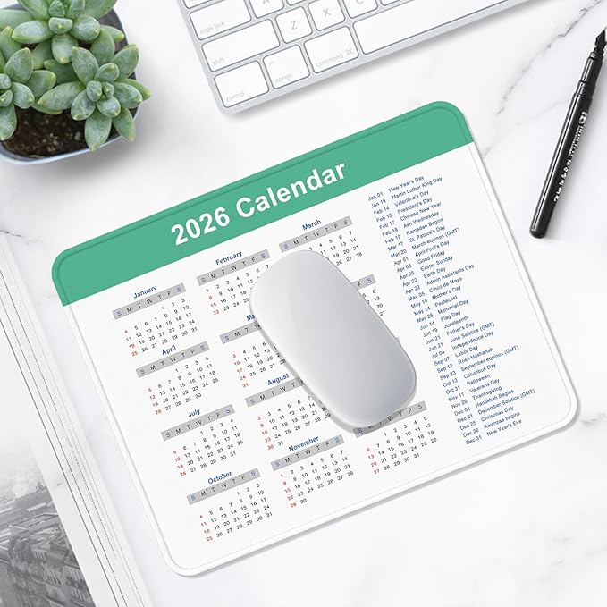 2026 Calendar Mouse Pad, Square New Year 2026 Mousepad 10.2 x 8.3 Inch, Stitched Edge Anti-Slip Waterproof Rubber Computer Mat for Office, Gaming, Laptop, New Year Office Supplies Gift, Green