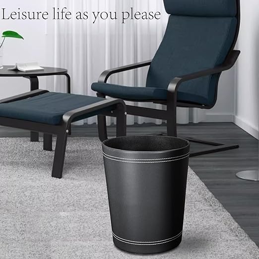 3 Pack Black Round PU Leather Wastebasket,Trash Basket,Small Trash Can Wastepaper Baskets Garbage Can Container Bins for Bathrooms,Home Decorative,Offices,Kids Rooms,Bedroom (Black)