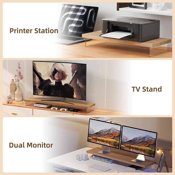 Dual Monitor Stand Riser, 40" Large Computer Monitor Stands for 2 Monitors, Wooden Desktop Organizer Shelf for Office Desk Computer, Laptop, TV, Monitor, Printer
