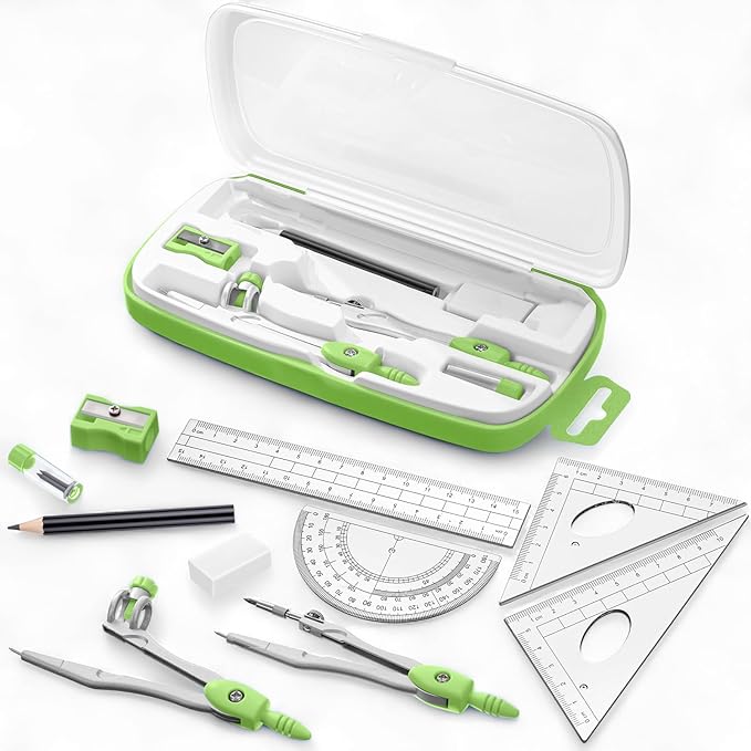 Zonon Math Geometry Set 10 Pcs Student Supplies with Shatterproof Storage Box, Includes Rulers Protractor Compass Pencil Sharpener Lead Refills Eraser Pencil for Drafting and Drawings(Green)