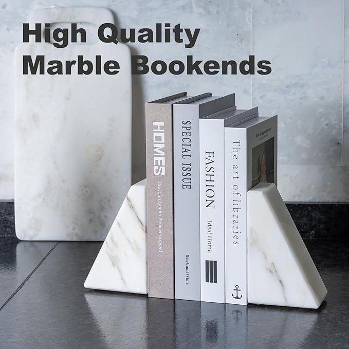 Marble Book Ends White, Heavy Duty Book Ends for Shelves, Decorative Natural Book Stopper,Unique Decorative Bookend for Home Shelves Calacatta Natural Marble Bookend, Set of 2