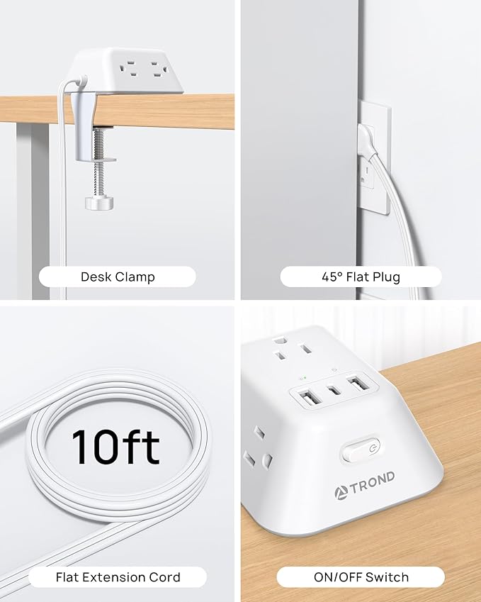 Desk Clamp Power Strip, Surge Protector with 5 AC Outlets and 3 USB Ports, Desk Mount Charging Station, Fit 1.97in Tabletop Edge Thick, 10FT Extension Cord, for Home Office Gaming Accessories