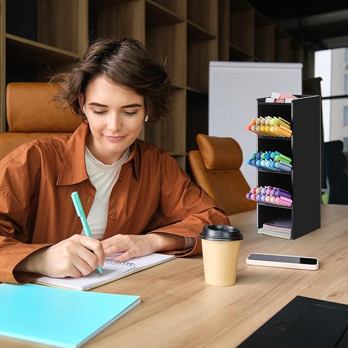 Acrylic Pen Organizer Storage for 50 Markers Vertical Marker Organizer Acrylic Pen Display Holder for Office Desk Desktop Stationery Pencil Storage, Black, 3.4 x 4 x 10.2 Inch