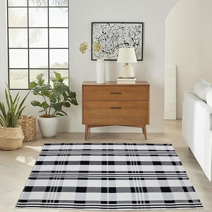 Fall Décor Plaid Rug, 3' x 5' Black&White Check Indoor/Outdoor Area Rug, Layering Rug for Hello/Welcome Door Mat, Machine Washable Cotton Woven Rugs for Farmhouse Front Porch, Entryway