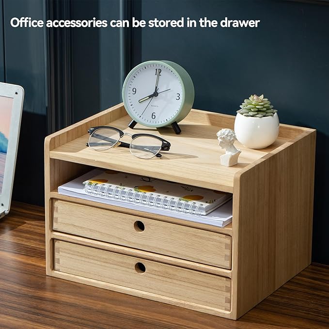 KIRIGEN Desktop Organizer with 2 Drawers and Tray - Wood Office Desk Storage Shelf for Office Supplies - Small Cabinet for Countertop Accessories Storage 3 Layer Natural(DT3D2C-NA)
