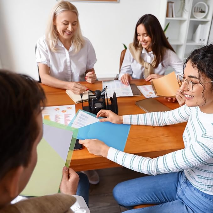 Maitys 50 Pack Binder Pockets 3 Hole Punch Clear Plastic Document Folders Binder Organizer Store Letter Size 8.5x11 Inch Paper Folders with Pockets Slash File Jacket for Office (Pastel Colors)