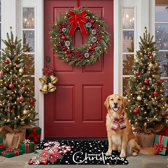 Christmas Door Mat Entrance Decoration Christmas Candy Cane Welcome Mat Black Door Front Porch Rug for Outside Front Porch Entryway Decor, 16" x 24" Inch