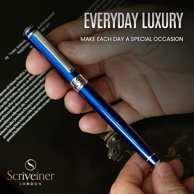 Scriveiner Midnight Blue Rollerball Pen - Stunning Blue Lacquer Luxury Pen, Chrome Finish, Schmidt Ink Refills, Men & Women, Professional, Executive Office, Nice Pen