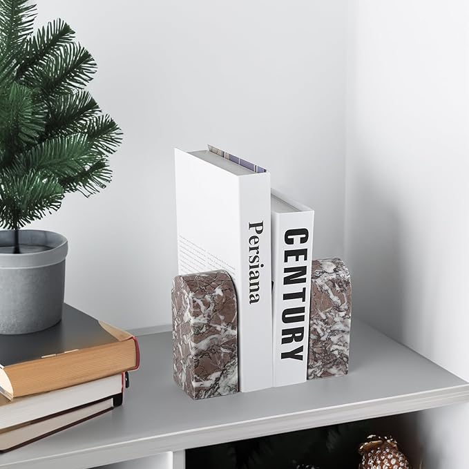 Koville Turkish Natural Marble Bookends for Shelves, Decorative Book Ends, 7lbs Heavy-Duty Marble Book Holders, Bookshelf Apartment Decor for Normal Books/CD/Video Games(Leopard)