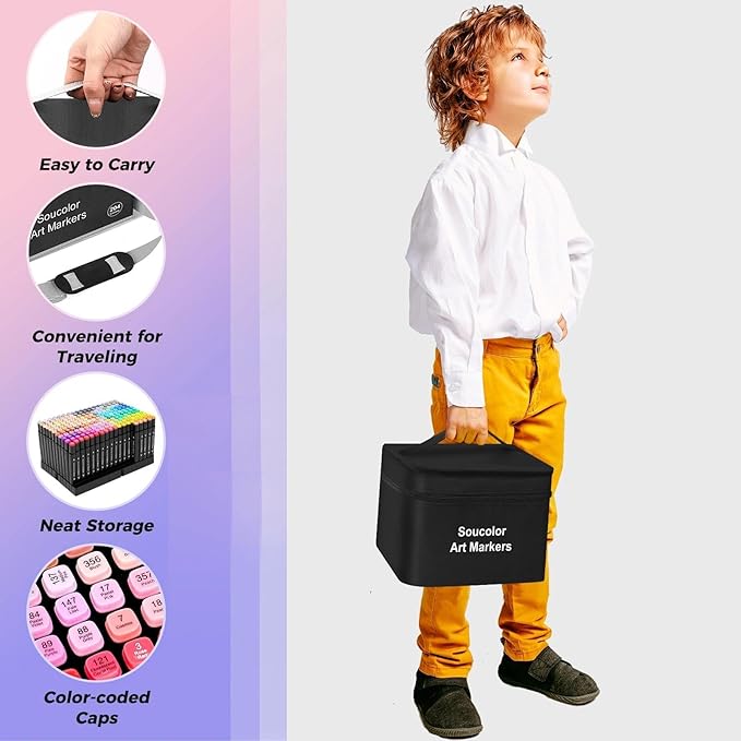 Soucolor Alcohol Markers 60 Colors with Case & Holders, Dual Tips Chisel & Fine Art Markers for Adult Coloring Kids Drawing, Artist Markers Art Supplies for Blending Sketching