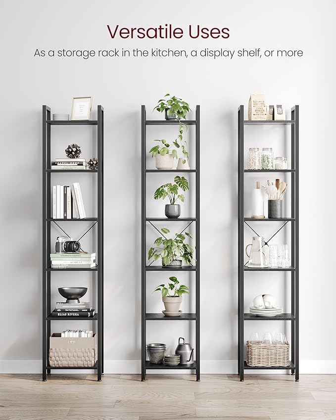 VASAGLE 6-Tier Bookshelf, Bookcase with Steel Frame, Book Shelf for Living Room, Home Office, Study, 11.8 x 15.7 x 73.2 Inches, Industrial Style, Ebony Black and Ink Black ULLS101B56