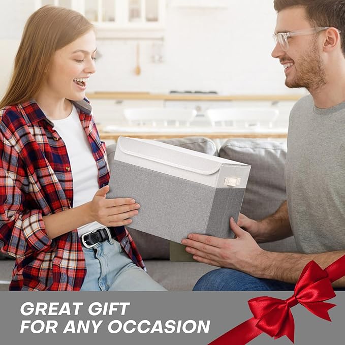 Large 22 Quart Linen Fabric Foldable Storage Bin Cube Organizer Basket with Flip-Top Lid & Handles, Clothes Blanket Box for Home, Office, Closet, Gray & White, 4 Pack 14.6 x 9.5 x 9.5”