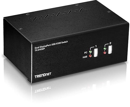 TRENDnet 2-Port Dual Monitor DisplayPort KVM Switch with Audio, 2-Port USB 2.0 Hub, 4K UHD Resolutions Up to 3840 x 2160, Connect Two DisplayPort Monitors, Dual Monitor KVM Switch, Black, TK-240DP