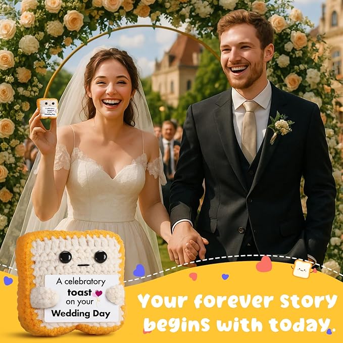 Wedding Gift for Couple, Bride and Groom - Funny Crochet Toast Keepsake - Unique Bridal Shower, Engagement Gift for Mr & Mrs - Cute Home Decor & Card Alternative