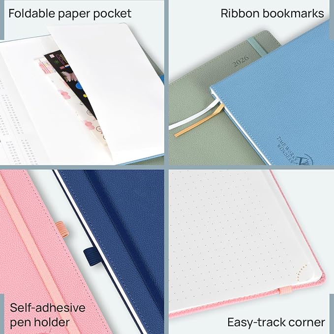 POPRUN 2026 Weekly & Monthly Planner Calendar,Pocket 4'' x 6.25'', Horizontal Layout with Lined Sections, Jan. 2026 - Dec. 2026, Leather Hardcover, 100GSM Paper, Inner Pocket - Aquamarine