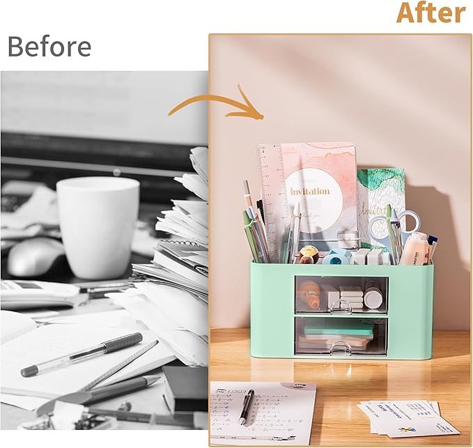 Marbrasse Pen Organizer with 2 Drawer, Multi-Functional Pencil Holder for Desk, Desk Organizers and Accessories with 5 Compartments + Drawer for Office Art Supplies (Green)