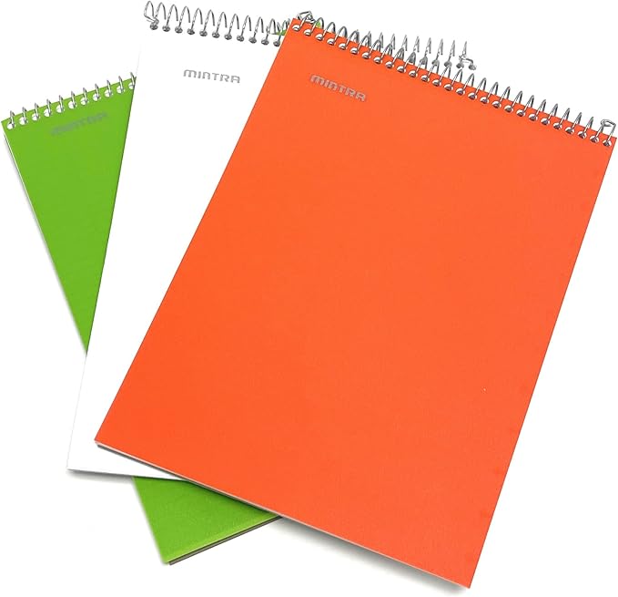 Mintra Office TOP BOUND Durable Spiral Notebooks (Green, White, Orange, College Ruled 3pk)