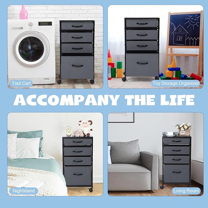 Chunful 4 Drawer Rolling File Cabinet Mobile Printer Stand Metal Cart with Fabric Vertical Filing Chest Wheels A4 Letter Size Under Desk Utility Craft Storage Organizer for Home Office(Grey)