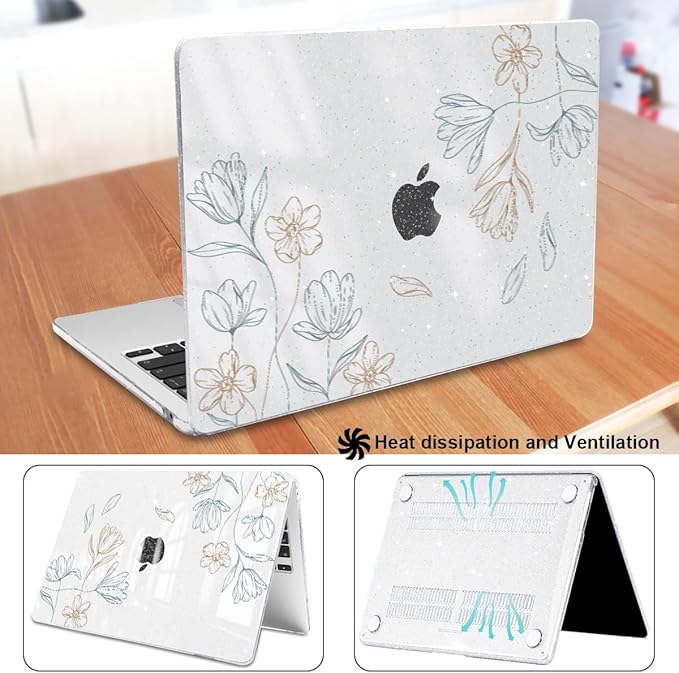 Compatible with 2025 MacBook Air 13.6 inch Case M4 A3240 Cover, Shiny Pattern Plastic Hard Shell Case Keyboard Skin for Mac Air 13.6 M2 A2681 M3 A3113 2024-2022 Release, Line Flower
