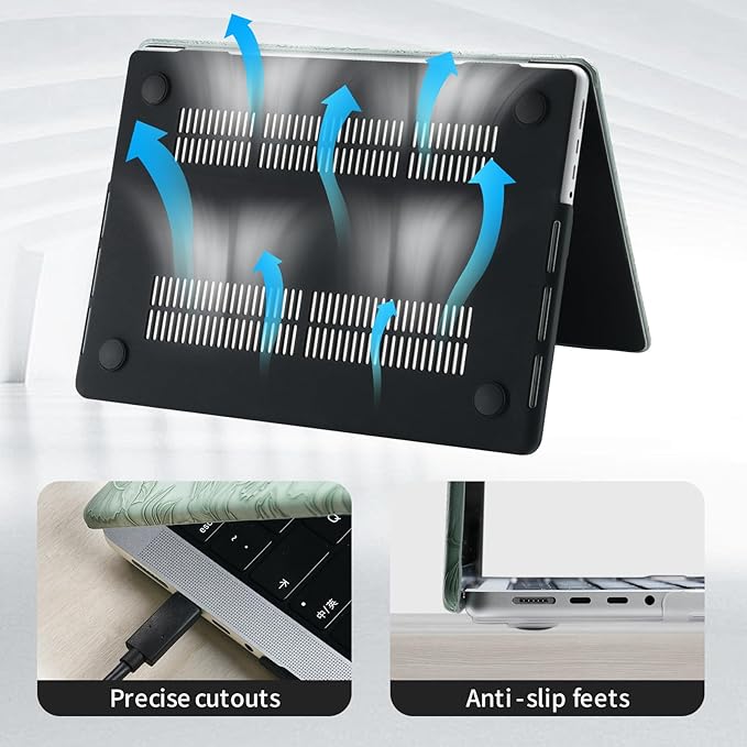 DTangLsm for MacBook Air 15 inch Case 2025 2024 2023 2022 M4 M3 M2 A2941 A3114 A3241, Elegant Textured Retro Leather Hard Shell Cover for MacBook Air 15 M4 Case + Keyboard Cover, Green Embossed Floral