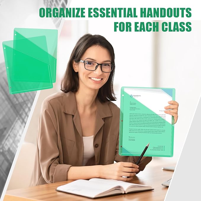 Seajan 48 Pcs Pocket Folders for 3 Ring Binder Clear Plastic Folders Sleeves with 2 Pockets 3 Hole Punch Binder Dividers Poly Slash File Jackets for Office School Document Organizer (Green)