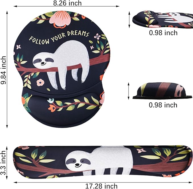 ArtSo Upgraded Wrist Rest Support for Mouse Pad & Keyboard, Ergonomic Gel Mousepad Non-Slip Rubber Base Home,Office Pain Relief, Easy Typing Cushion with Neoprene Cloth, Soft Memory Foam, Cute Sloth