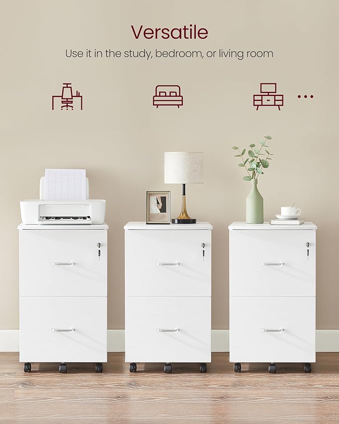 VASAGLE 2-Drawer File Cabinet, Locking Filing Cabinet for Home Office, Small Rolling Printer Stand, A4, Letter-Size Hanging Files, Assembly Required, White ULCD027T46V2