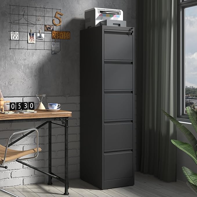5 Drawer File Cabinet,Metal Filing Cabinets for Home Office,Vertical File Cabinet with Lock,Heavy Duty Metal Storage Cabinet for A4/Letter/Legal Size Files,Assembly Required