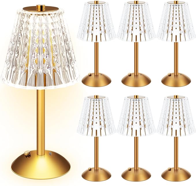 Liliful 6 Pcs LED Portable Cordless Table Lamp Touch Battery Operated Rechargeable Gold Desk Lamp 3 Color Dimmable for Bedroom Living Room Dining (Gold,Classic Style)