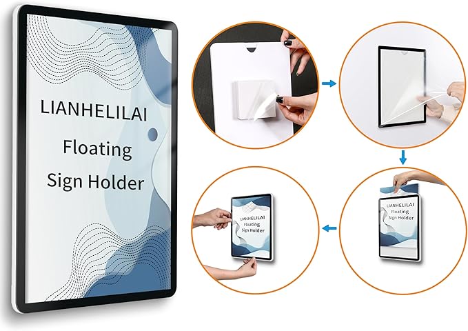 8.5x11 Floating Wall Sign Holder 3 Pack, Self-Adhesive Display Frame for Document/Poster/Paper Office/Store/Wall Mounted for Door/Window Display Holder with Horizontal and Vertical (Black)