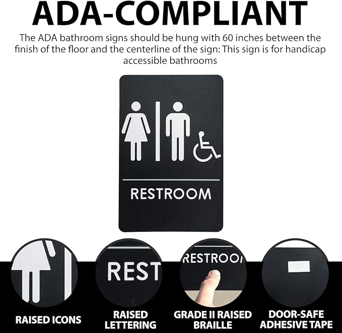 USA Made - Men's and Women's Restroom Signs ADA-Compliant Bathroom Door Signs for Offices, Businesses, and Restaurants, Black, Blue, Grey and Taupe/Tan Colors (Black Handi-Unisex)