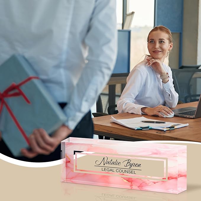 Ship Next Day Personalized Name Plate for Desk, Custom Acrylic Desk Name Sign, Office Appreciation Gifts for Women Men Coworkers Boss Teacher Employee (Pink Marble)