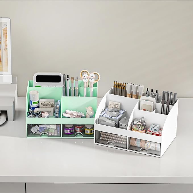 Desk Organizer with 6 Compartments and 2 Drawers, Plastic Makeup Organizer, Pen Holder for Desktop Storage, Desk Organization for School, Home, Office Supplies (Mint Green)