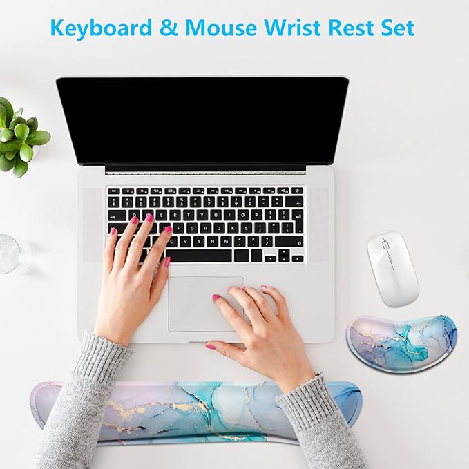 Dapesuom Enlarge Keyboard Wrist Rest, Memory Foam Wrist Cushion for Desk Mats Support, Cute Marble Pain Relief Keyboard Mouse Pad Rests Set with Non-Slip Base for Gaming Laptop Office, Blue Ink
