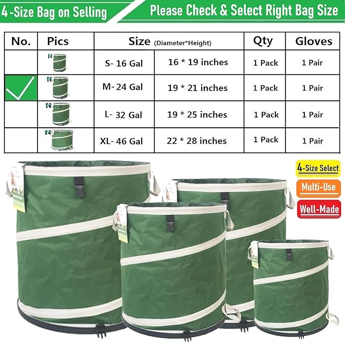24-Gallon Collapsible Trash Can (19x21 in) Hard-Shell Bottom Yard Garden Bag for Yard Waste,Debris Bags,Pop-Up Trash Can,Recycling Bin,Camping Waste Bin,Laundry Hamper,Lawn Grass,Leaf Bag,Weeds Barrel
