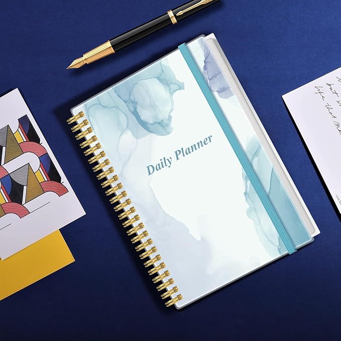 Daily Planner Undated - A5 To Do List Notebook Hourly Schedules, Spiral Appointment Planner for Women and Men, PVC Hardcover, Inner Pocket, Elastic Closure, 5.8" x 8.3", Blue Watercolor