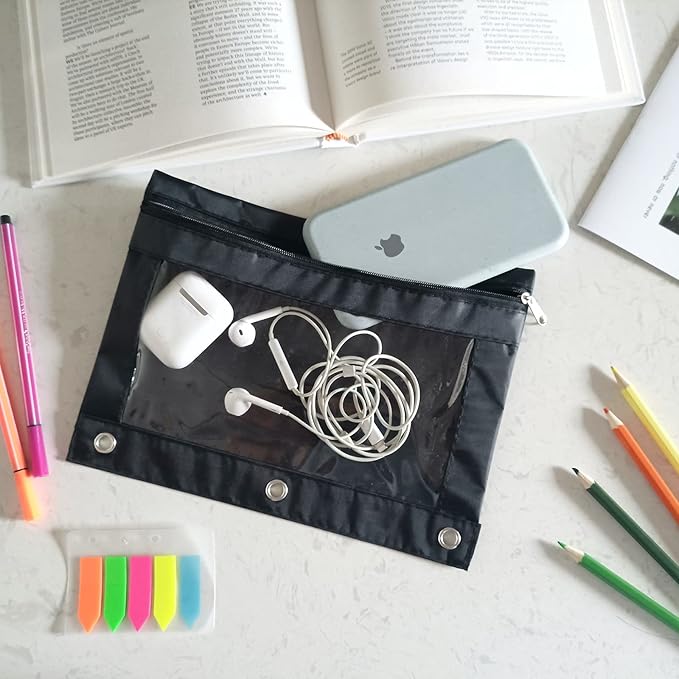 YoeeJob Pencil Pouch for 3 Ring Binder, Binder Pouches with Zipper Bulk, Pen Holder Case with Clear Window School Class Office Organizers, 24 Pack, Black