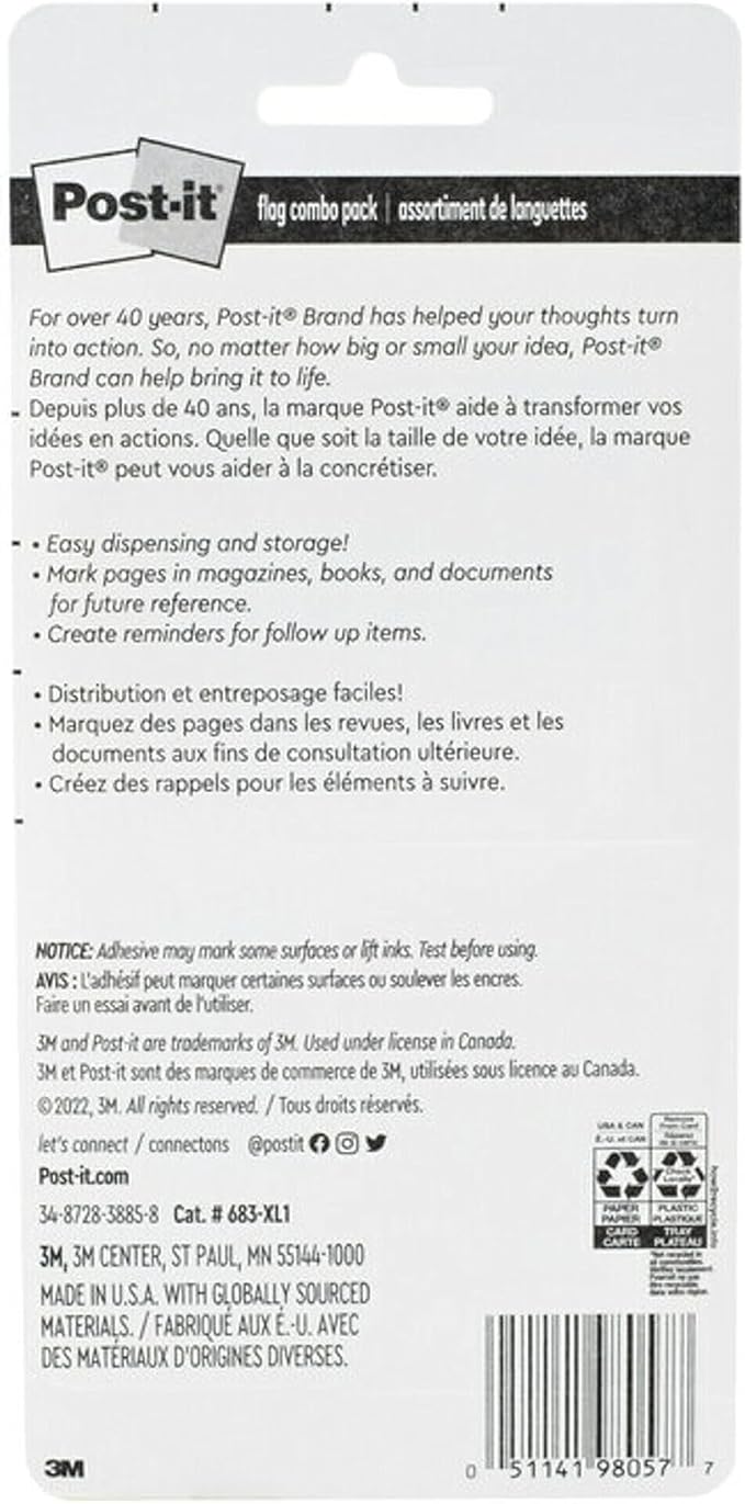 Post-it Flags Combo Pack, 4 On-The-Go Dispensers/Pack, 120 .94 in Wide and 200 .47 in Wide Flags, Assorted Colors (683-XL1)