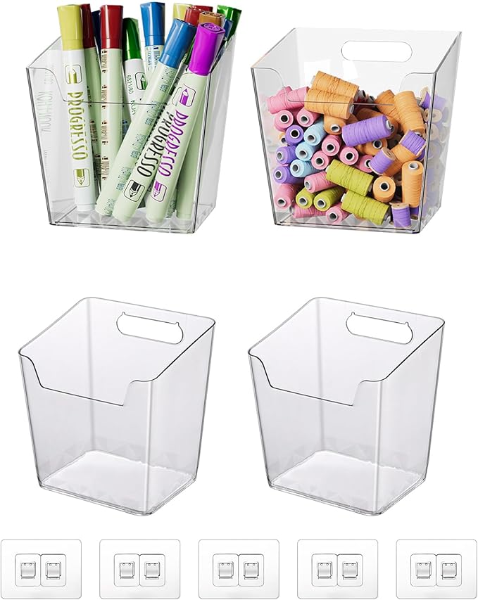 Clear Adhesive Wall Storage Bins, Small 4 Pack Cabinet Door Organizer Holders, Hanging Wall Mount Pockets, Plastic Cups for Shower Bathroom Makeup Office Craft Remote Kitchen Sink RV Organization